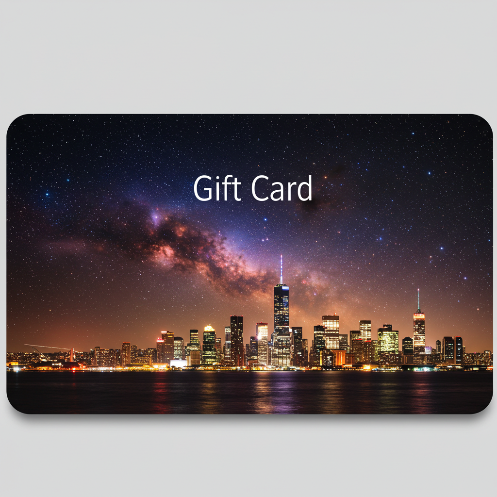 A gift card with the words 'Gift Card' with a city skyline and with a space background